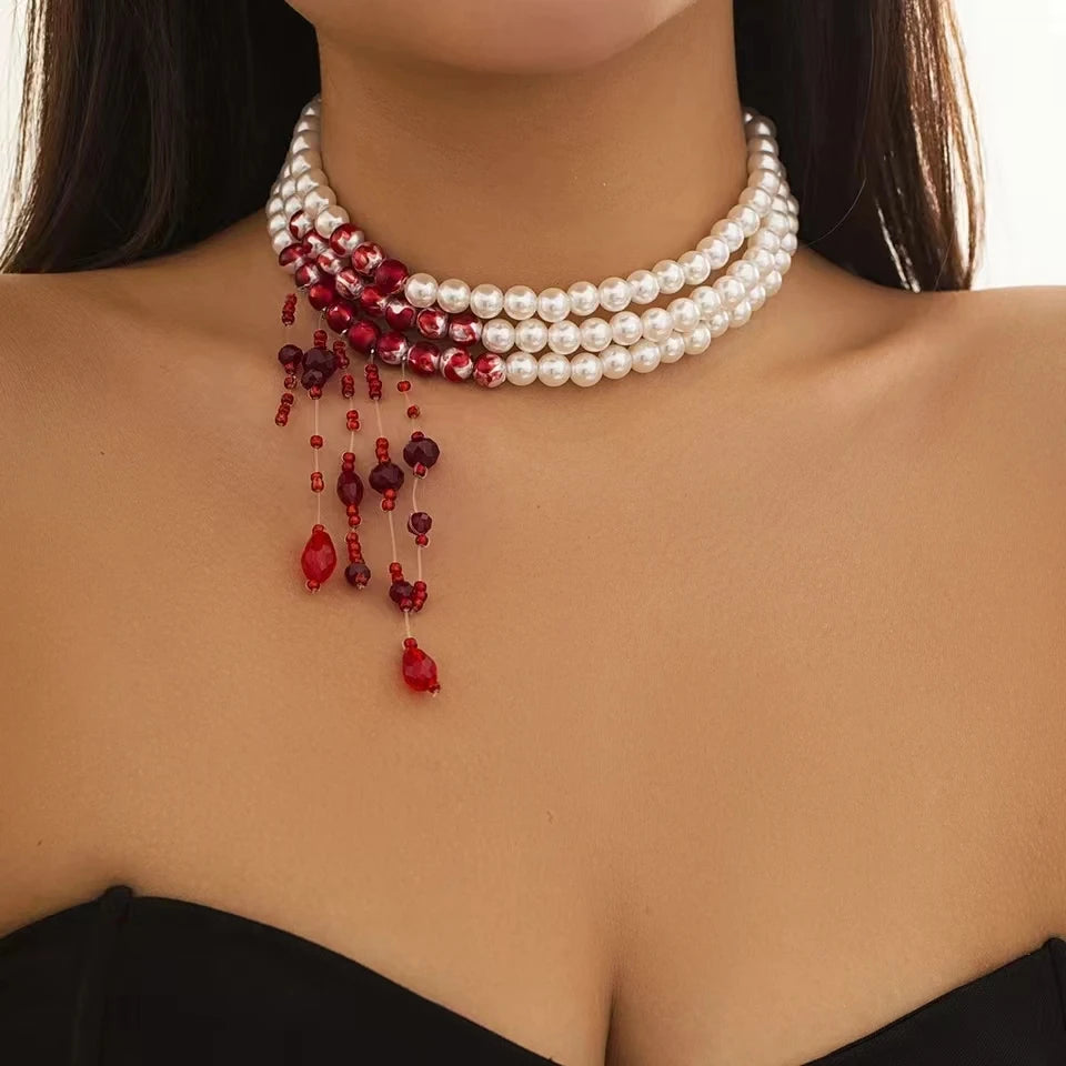 Red Blood Imitation Pearl Necklace