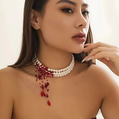 Red Blood Imitation Pearl Necklace