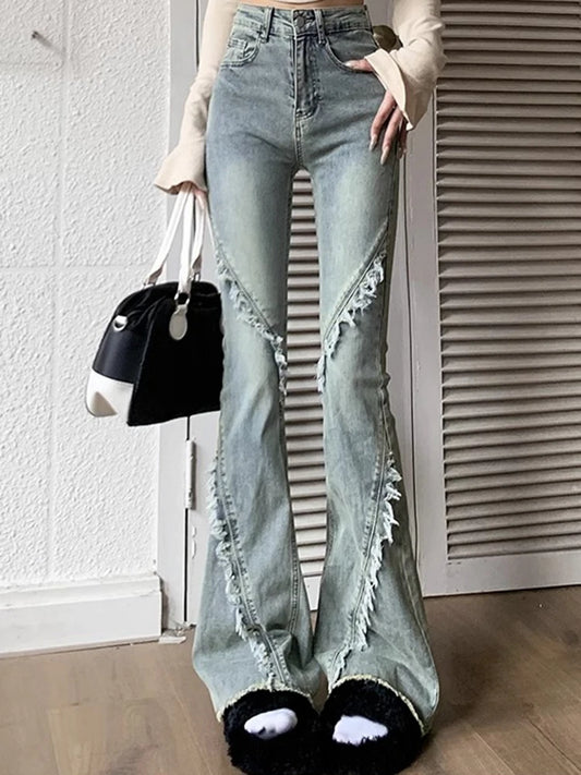 Women's High Waist Flared Light Blue Denim Pants