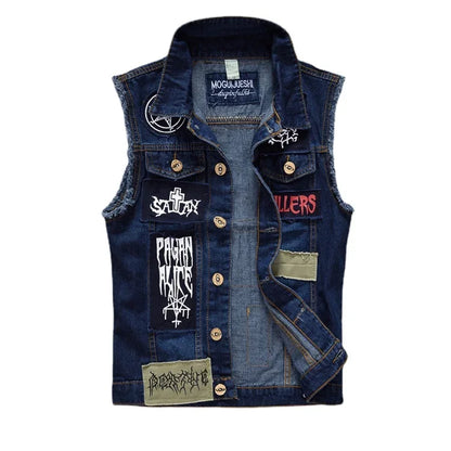 Men’s Patched Denim Punk Vest